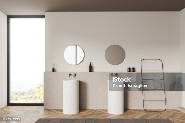 Light Bathroom Interior With Sink And Panoramic Window Deck And Rail Ladder Stock Photo - Download Image Now