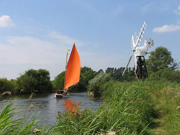 A sailboat passes a windmill
