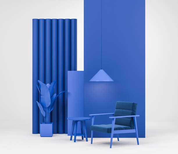 istock Blue relax room interior with seat and coffee table, curtains 1397418494