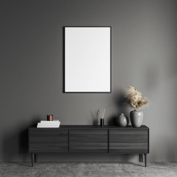 istock Grey art room interior with drawer and decoration, mockup frame 1397418518
