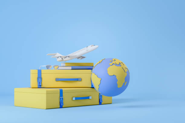 avião e mala com globo terrestre, viagem e passeio de férias - runway airplane airport three dimensional shape - fotografias e filmes do acervo