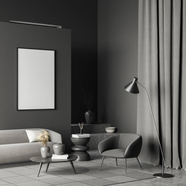 istock Relax room interior with couch and armchair, stand with decoration. Mockup frame 1397418630