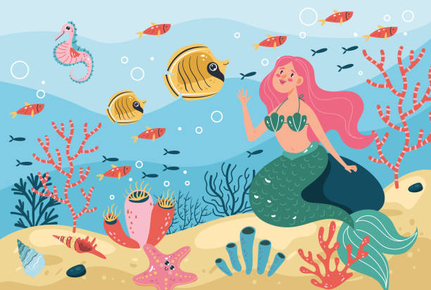 ilustrações de stock, clip art, desenhos animados e ícones de mermaid character swimming on sea bottom underwater concept. vector flat graphic design illustration - beautiful friendship wildlife nature