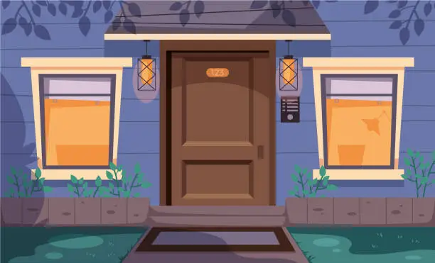 Vector illustration of Night house front door concept. Vector flat cartoon graphic design illustration