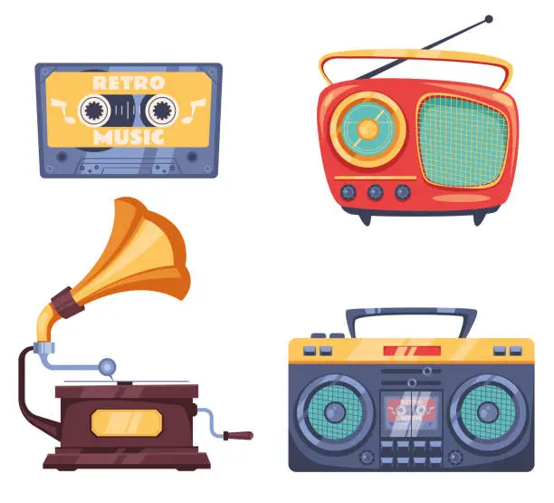Vector illustration of Old fashion music device isolated set collection concept. Vector flat cartoon graphic design illustration