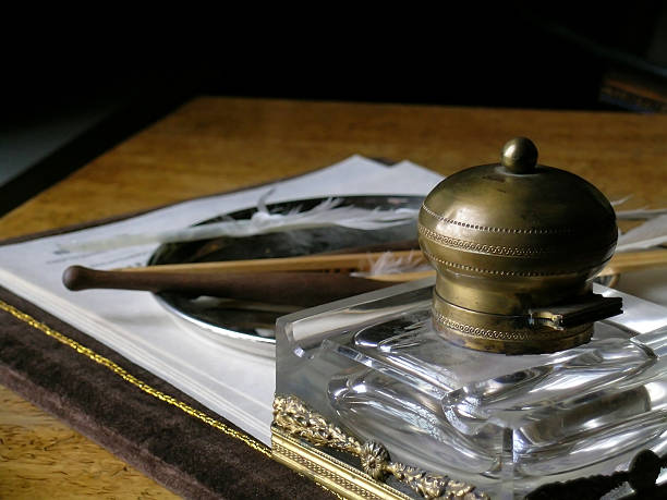 The desk with the things for writing stock photo