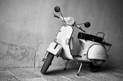 Barcelona, Spain - June 9, 2011:  Vintage Vespa motor scooter. Black and white photography