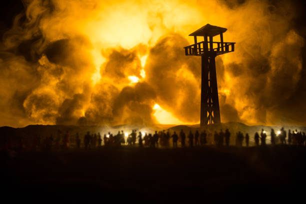 istock Creative artwork decoration war on Ukraine. Crowd looking on giant explosion and attacking soldiers. 1397420801