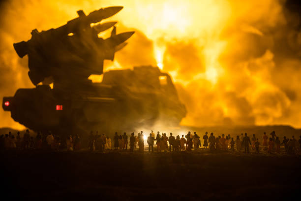 istock Creative artwork decoration war on Ukraine. Crowd looking on giant explosion and attacking soldiers. 1397420803