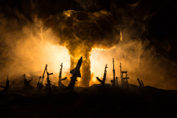 istock Creative artwork decoration war on Ukraine. Crowd looking on giant explosion and attacking soldiers. 1397421285