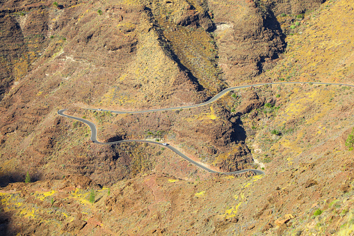 View of the twisty switchback road in the mountains of Tenerife in the Canary Islands