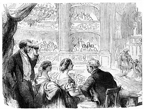A panoramic view of an audience in an opera house watching a play. Wood Block Engravings published in 1860. Original edition is from my own archives. Copyright has expired and is in Public Domain.