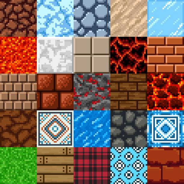 illustrazioni stock, clip art, cartoni animati e icone di tendenza di set di modelli di superficie di gioco pixel art retrò a 8 bit - craft block concepts square shape