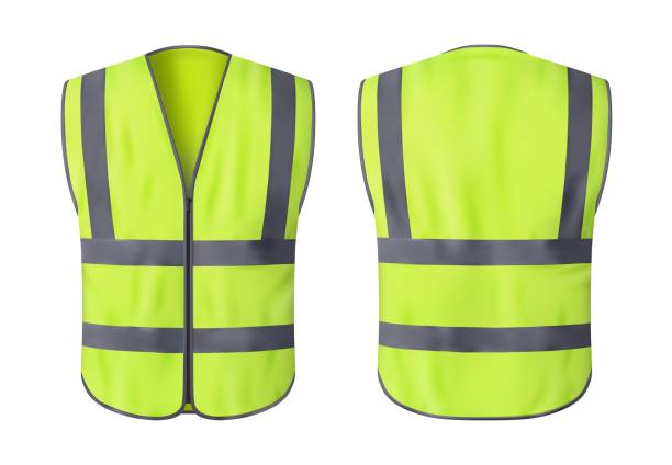 Safety vest jacket, security, traffic, worker wear Safety vest jacket, isolated security, traffic and worker uniform wear. Vector fluorescent green waistcoat realistic 3d mockup with reflective stripes and zip, personal protective clothing waistcoat stock illustrations