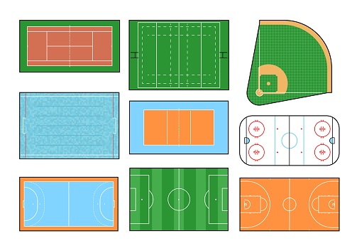 Sport ground, vector field and court of basketball, volleyball, soccer and ice hockey, tennis, rugby and baseball, handball and water polo sport games. Isolated green play field, rink, swimming pool