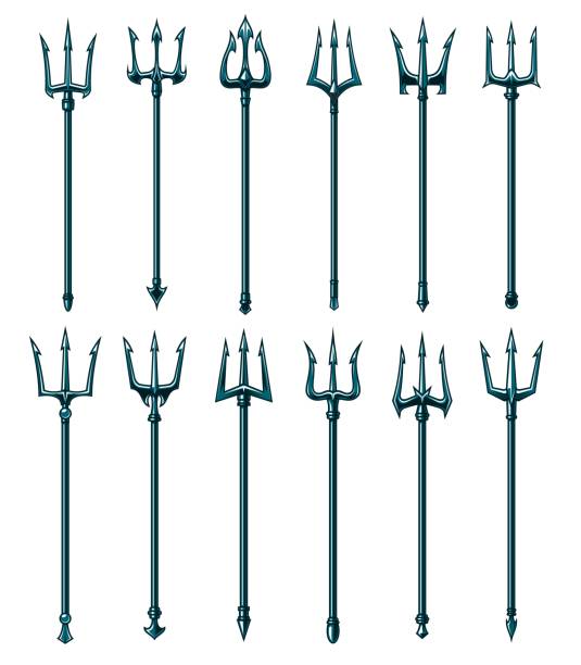 Nautical trident fork vector icons, spear weapons Nautical trident fork vector icons. Poseidon, Neptune, Triton and devil spear weapons. Pitchfork of hell demon, harpoon of mythology sea god and trident isolated cartoon symbols neptune fork stock illustrations