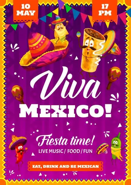 Vector illustration of Mexican party flyer with fast food characters