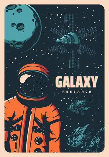 Vector illustration of Astronaut in outer space retro poster, astronomy