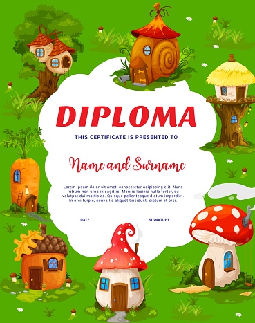 Fairytale mushroom, snail, beehive or carrot, acorn and nest cartoon house, kids diploma. School or kindergarten education vector certificate or diploma award with gnome or dwarf homes in magic forest