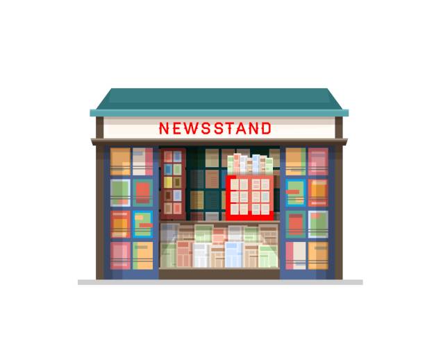 Newsstand building, newspapers kiosk or shop Exterior of newsstand building, shop or kiosk with newspapers, vector. Street press and news or business magazines stall, bookshop or paper store stand or tobacconist and ticket booth pavilion box news stand stock illustrations