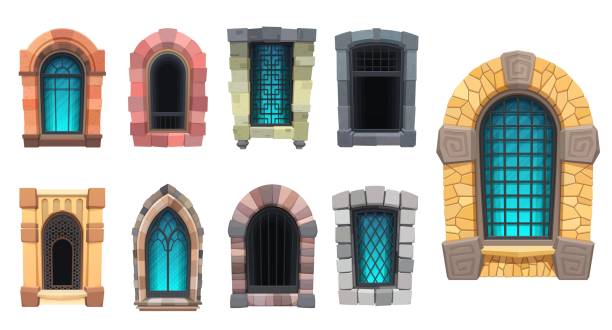 мультяшные арабские и средневековые окна замка - gothic style castle church arch stock illustrations