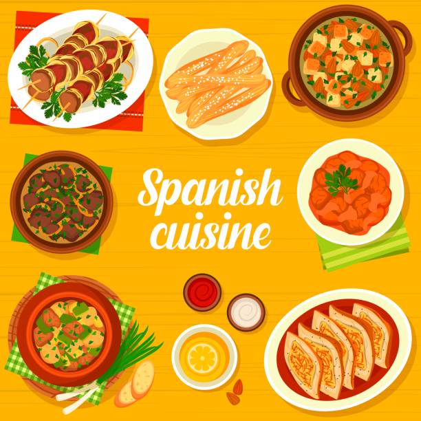 Spanish cuisine food tapas and lunch menu cover Spanish cuisine menu cover, Spain traditional tapas and food dishes, vector. Spanish cuisine food lunch and dinner meals, liver in garlic sauce chanfaina, lamb vegetable stew and saffron almond soup banderilla stock illustrations