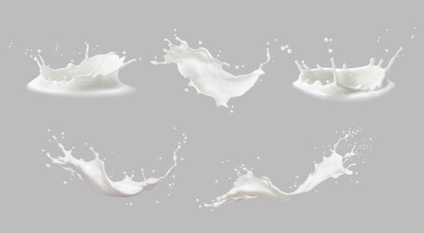 Realistic milk splashes or wave with drops Realistic milk splashes or wave with drops and splatters. Liquid swirls and drips in shape of crown, liquid flow streams. Milky or dairy fresh product realistic 3d elements isolated set splashing stock illustrations