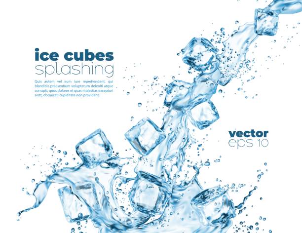 Blue water wave cascade splashes and ice cubes Blue water wave cascade splashes and crystal ice cubes. Vector 3d realistic liquid wave, transparent falling iced blocks and melting droplets. Fresh drink and frozen ice pieces with splatters ice pattern stock illustrations