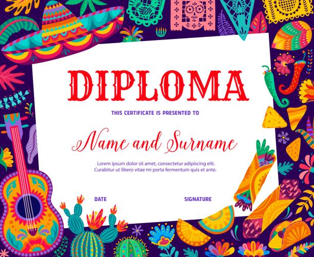 Kids diploma mexican sombrero, guitar and cactuses Kids diploma mexican sombrero, guitar and cactuses, food and papel picado flags. Education school or kindergarten vector certificate frame template with cartoon cactuses, sombrero and guitar cinco de mayo stock illustrations
