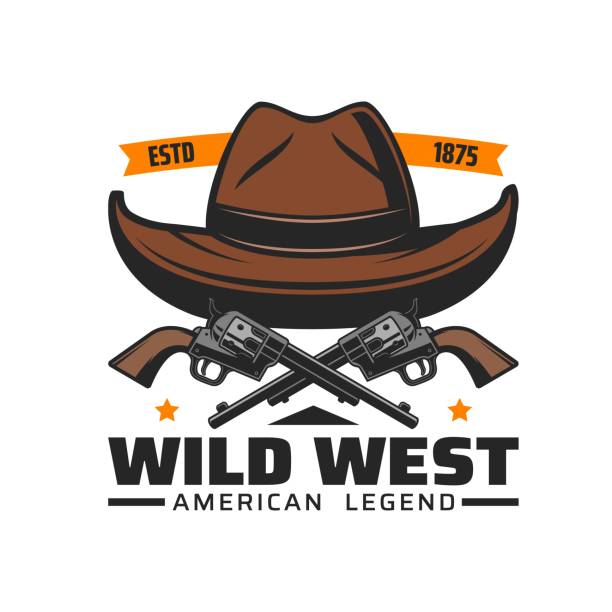 카우보이 모자와 총기 아이콘, 와일드 웨스트, 웨스턴 로데오 - cowboy sheriff cowboy hat wild west stock illustrations