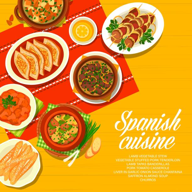 Spanish cuisine restaurant menu cover Spanish cuisine menu cover, Spain food dishes and meals, vector traditional tapas. Spanish bar food dishes, churros pastry with lemon tea, vegetable stuffed pork tenderloin and stew banderilla stock illustrations