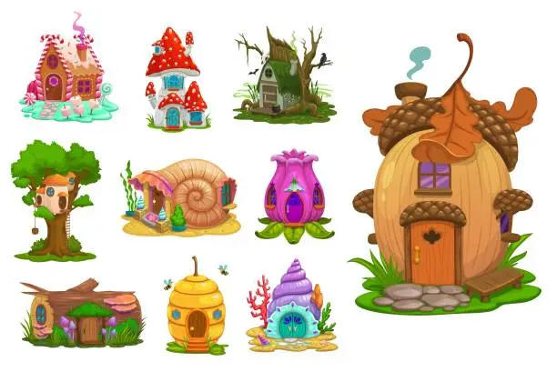 Vector illustration of Cartoon fairytale fantasy houses, gnome dwellings