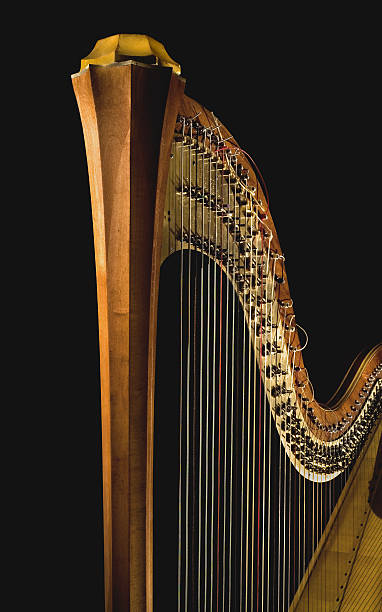 Golden harp 4 Shot of ancient harp of last century's beginning (fragment)on black background harp stock pictures, royalty-free photos & images