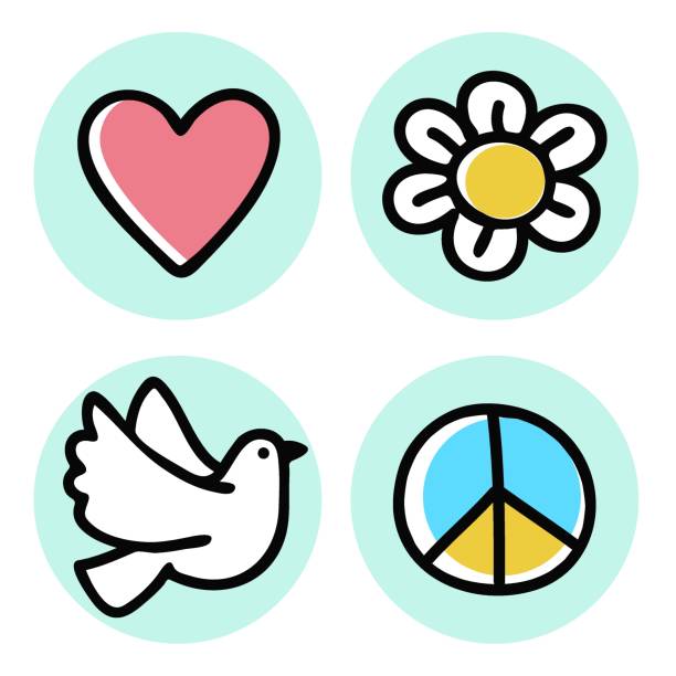 set of hand drawn doodle symbol of love and peace peaceful hippie vector emblem for print, tee, t-shirt, sticker, label dove earth globe symbols of peace stock illustrations
