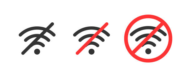 Failure wifi icon. Offline symbol. No Internet connection icon. Simple wifi signal sign. Disconnected wireless internet signal. Problem access. Vector illustration isolated on white background Failure wifi icon. Offline symbol. No Internet connection icon. Simple wifi signal sign. Disconnected wireless internet signal. Problem access. Vector illustration isolated on white background. no signal stock illustrations