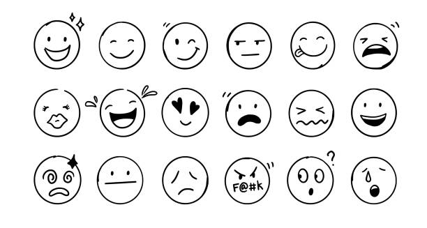Doodle Emoji face icon set Doodle Emoji face icon set. Hand drawn sketch style. Emoji with different emotion mood, happy, sad, smile face. Comic line art vector illustration. drawing of the how to draw a crying face stock illustrations