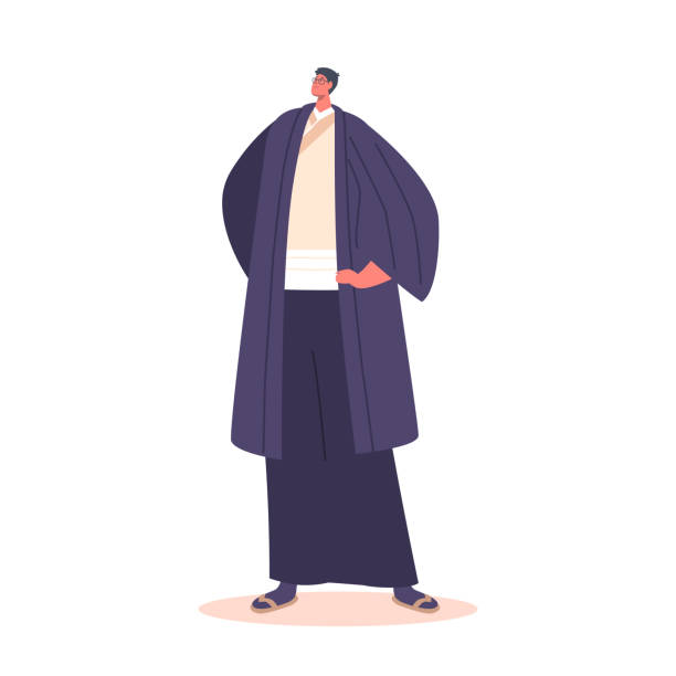 Asian Male Character Wear Traditional Kimono Dress Isolated on White Background. Japan or China Man in National Clothes Asian Male Character Wearing Traditional Kimono Dress Isolated on White Background. Japan or China Man in National Clothes. Oriental Culture and Fashion Concept. Cartoon People Vector Illustration cartoon of the famous chinese warriors stock illustrations