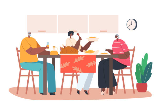 Young and Senior African Family Characters Sitting at Table with Food Drinking Beverages and Communicating at Home Young and Senior African Family Characters Sitting at Table with Food Drinking Beverages and Communicating at Home. People Chatting, Having Feast Leisure, Sparetime. Cartoon Vector Illustration old ladies gossiping stock illustrations
