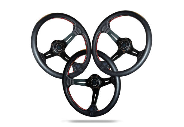 istock Car steering wheel, leather covered, button technology isolated on white background. 1397440416