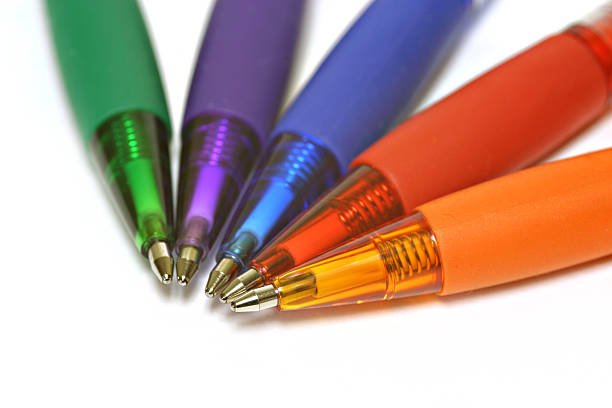istock A collection of colored ball pens on a white background 139744215