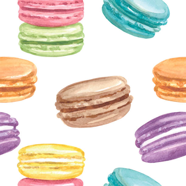 Watercolor colored macarons seamless pattern. Watercolor macarons seamless pattern. Colored hand-drawn image. Vector illustration macaroon stock illustrations