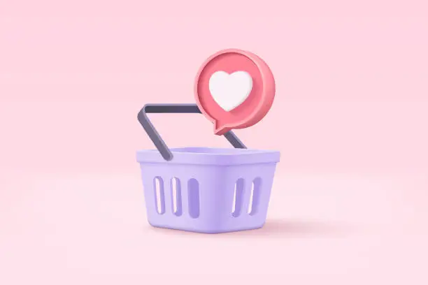 Vector illustration of 3d shopping bag for online shopping and digital marketing concept. Basket minimal icon with shadows on pink background. Shopping bag for buy, sale, discount, promotion. 3d vector icon illustration