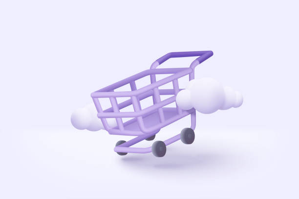 stockillustraties, clipart, cartoons en iconen met 3d shopping cart with cloud for online shopping and digital marketing ideas. basket and promotional labels on white background shopping bag buy sell discount 3d vector icon illustration - boodschappenkar supermarkt