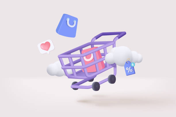ilustrações, clipart, desenhos animados e ícones de carrinho de compras 3d com nuvem para compras online e ideias de marketing digital. cesta e rótulos promocionais em saco de compras de fundo branco comprar vender desconto 3d ilustração ícone vetorial - shopping