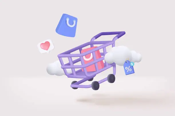 Vector illustration of 3D shopping cart with cloud for online shopping and digital marketing ideas. basket and promotional labels on white background shopping bag buy sell discount 3d vector icon illustration