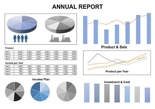 Image of business annual report by investment income product with chart and graph paperwork white background