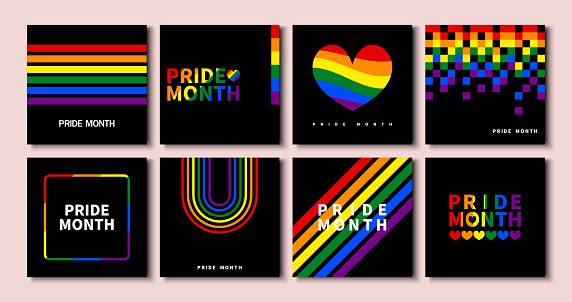 Set of LGBT Pride Month banner. Collection of modern black templates square banner with Rainbow colors and Geometric shapes for LGBT Pride Month. Vector illustration.