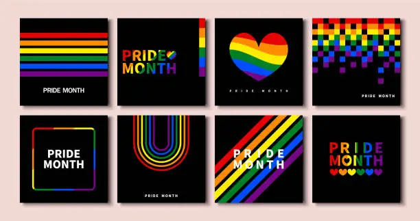 Vector illustration of Set of LGBT Pride Month banner. Collection of modern black templates square banner with Rainbow colors and Geometric shapes for LGBT Pride Month. Vector illustration.