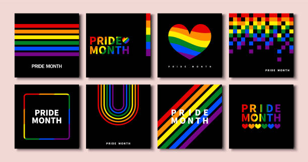 set of lgbt pride month banner. collection of modern black templates square banner with rainbow colors and geometric shapes for lgbt pride month. vector illustration. - pride month 幅插畫檔、美工圖案、卡通及圖標