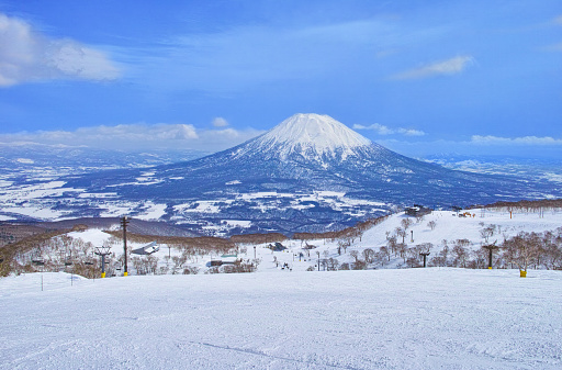 Niseko ski resort for spring skiing, the most snow-packed slope in the morning and the view of Mt. Yotei